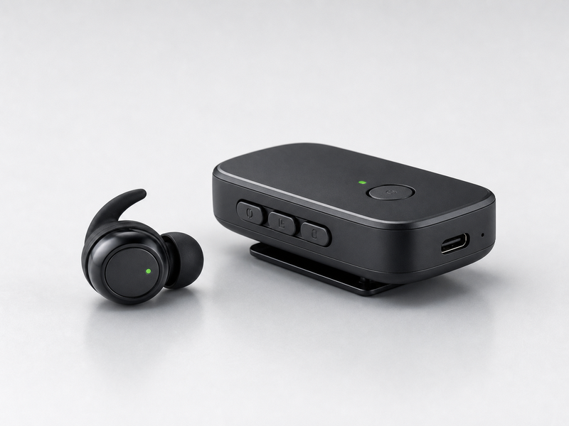 Modul Bluetooth B10 negru cu cască intraauriculară profesională și port USB-C vizibil
